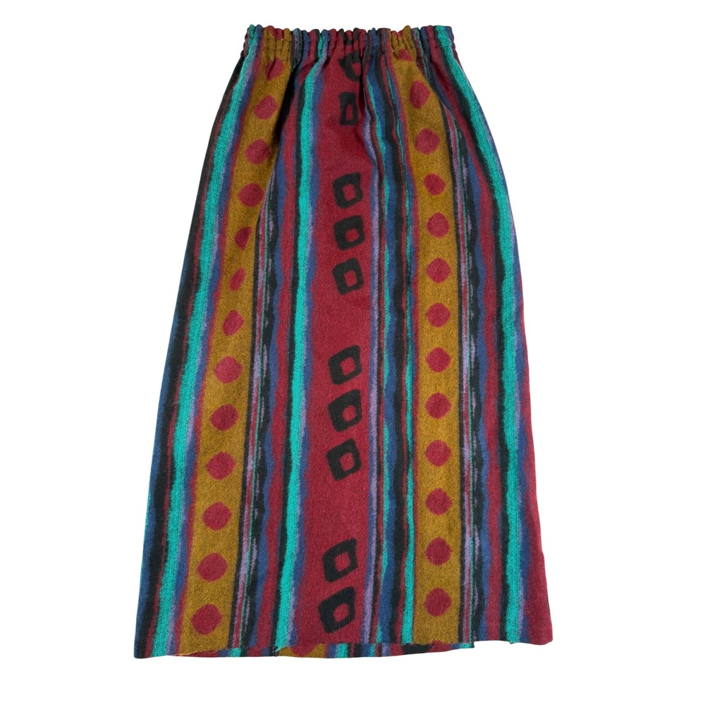 Vtg 80s Aztec Geometric Boho Long Skirt Elastic Waist Multicolored Slit Sz Small